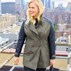 Motto Military Trench Coat with Faux Leather Trim olive green/black size M